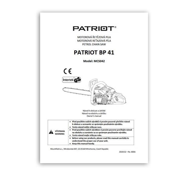 patriot.jpg Patriot BP41 MCS042 Chainsaw Instruction Book Printed Manual